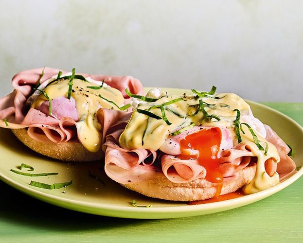 Eggs mortadella with wild garlic hollandaise
