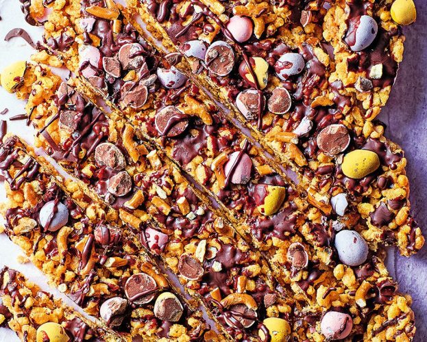 Mini eggs, chocolate and tahini Rice Krispie treats