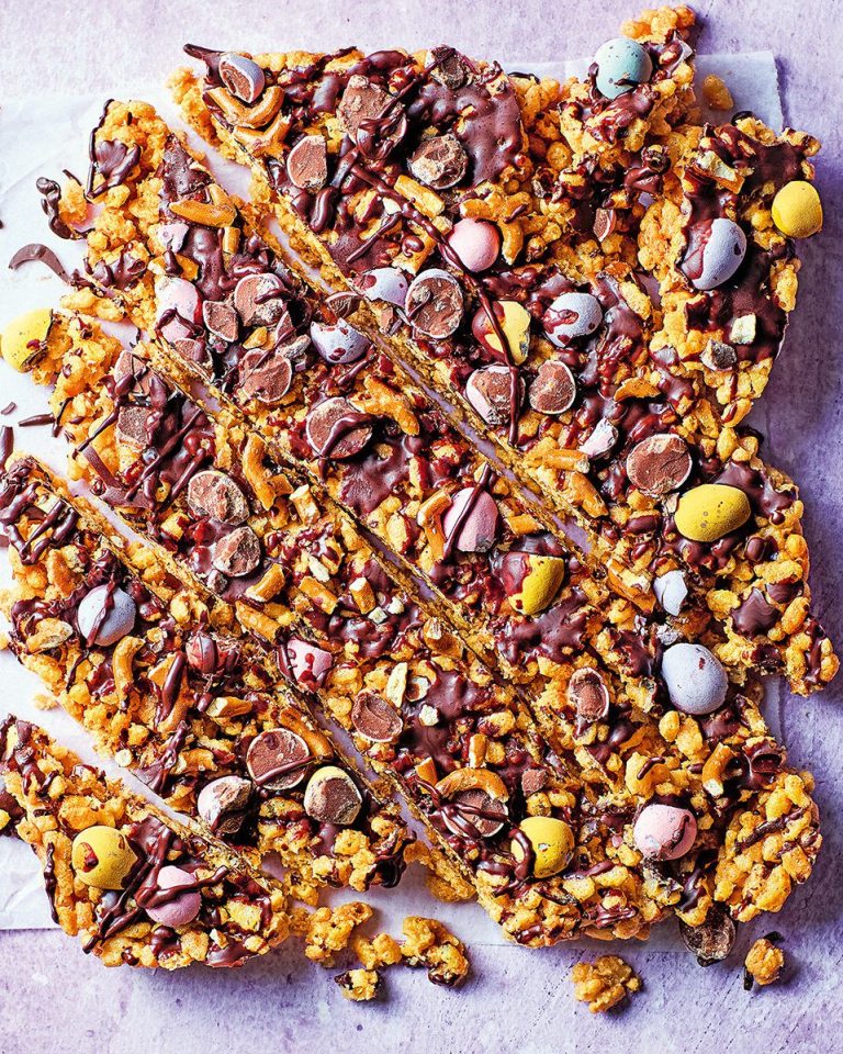 Mini eggs, chocolate and tahini Rice Krispie treats