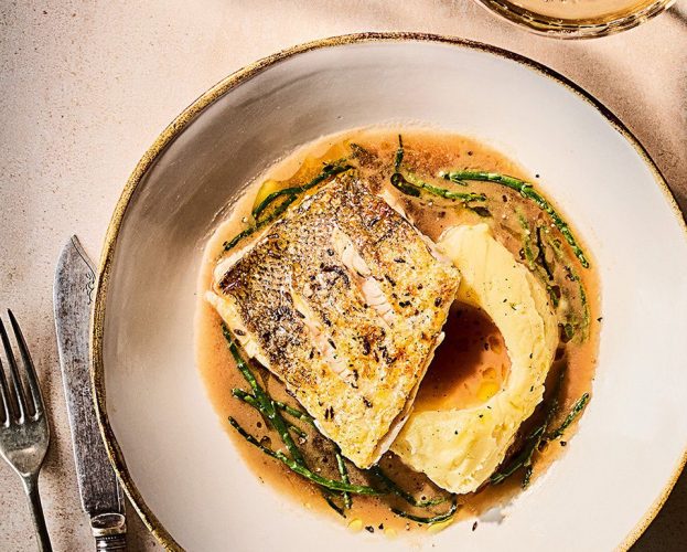 Hake with cider sauce and samphire