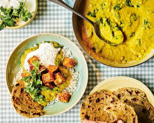 Sweet potato dal with butter bean parathas