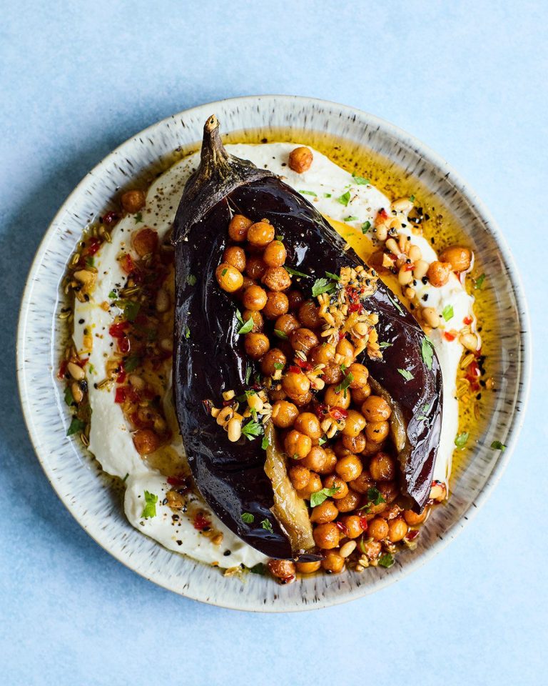 Air fryer crispy chickpea-stuffed aubergines with whipped feta