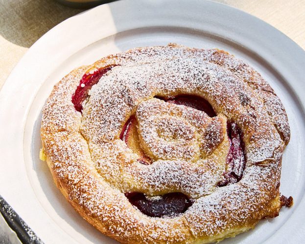 Plum and frangipane ensaïmada