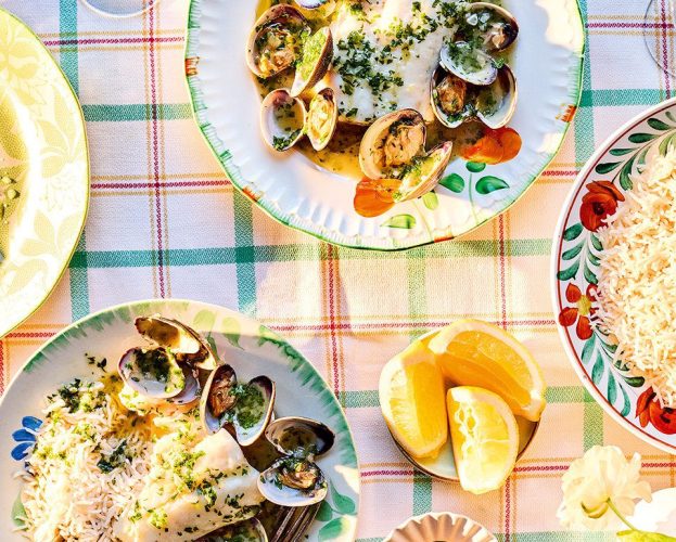 Roasted hake with salsa verde and clams