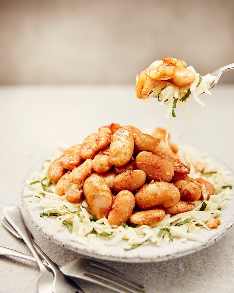 Crispy paprika beans with mint slaw