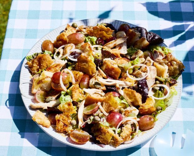 Chicken and grape salad with chicken fat croutons