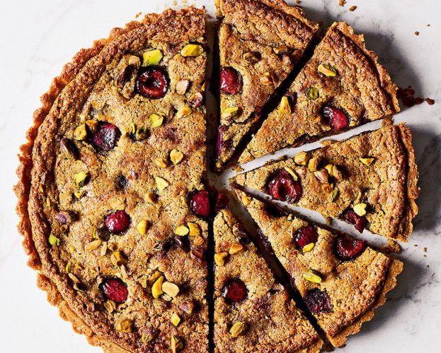 Sour cherry, pistachio and cardamom bakewell tart