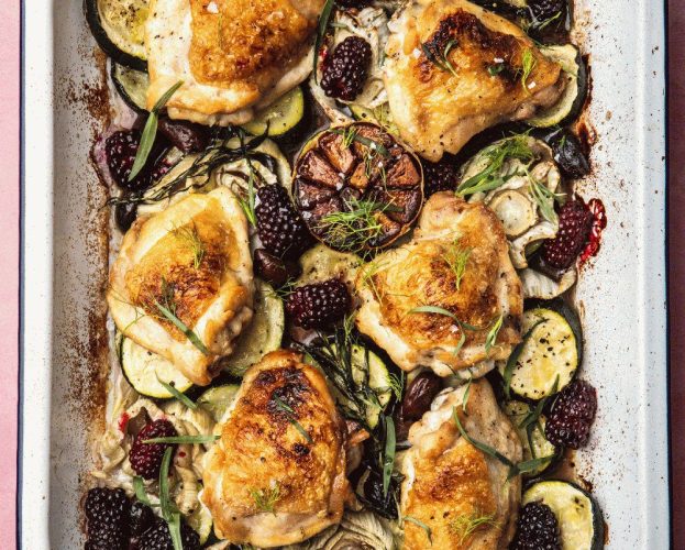 Chicken thigh, courgette and blackberry traybake