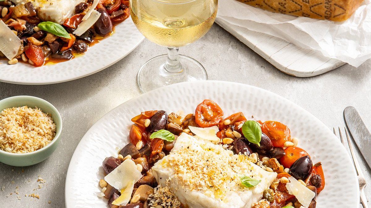 Cod caponata with Grana Padano pangrattato