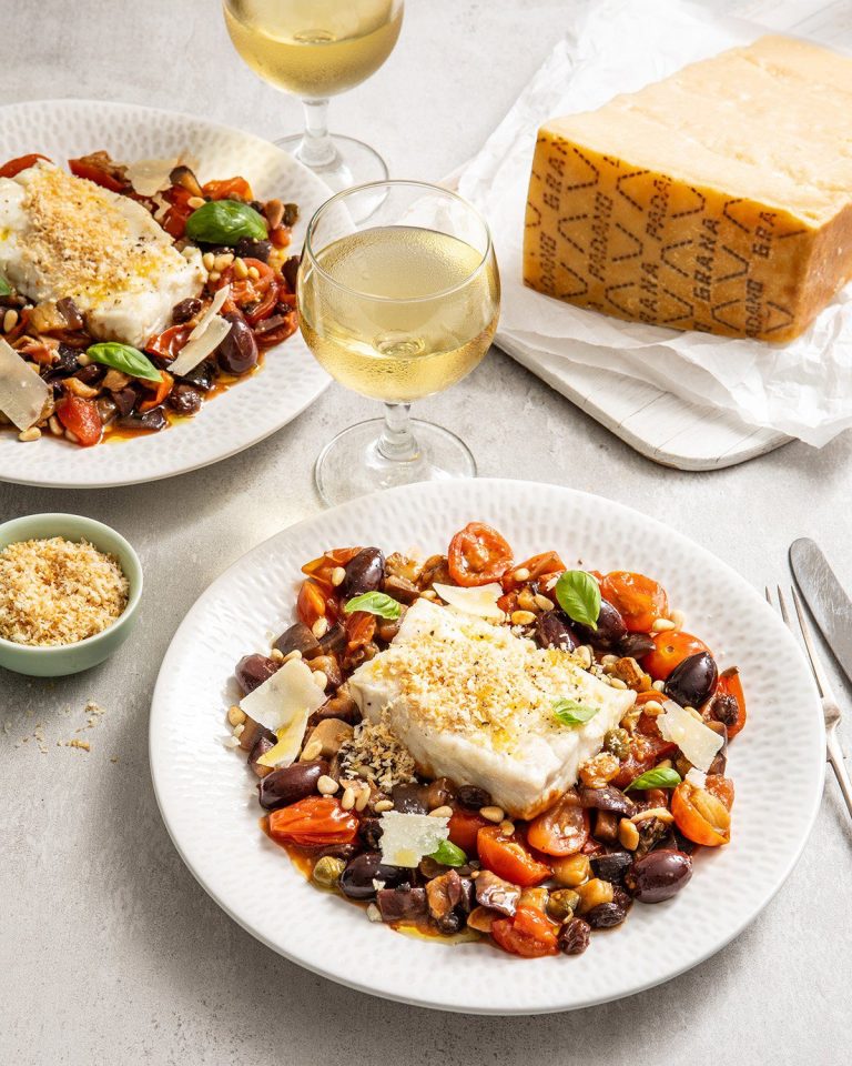 Cod caponata with Grana Padano pangrattato
