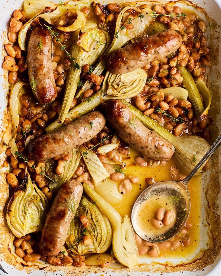 Easy orangey sausage, fennel and bean traybake