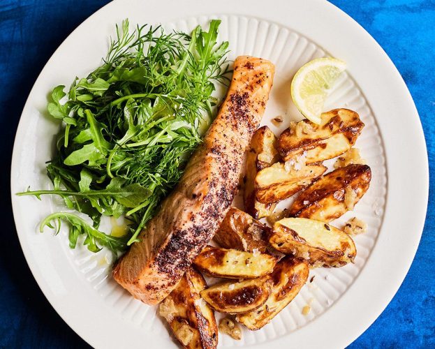 Air fryer lemon salmon with honey new potatoes