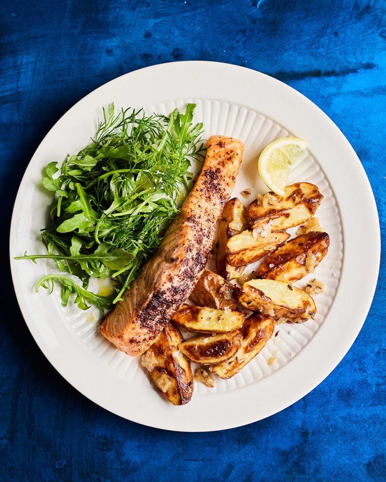 Air fryer lemon salmon with honey new potatoes