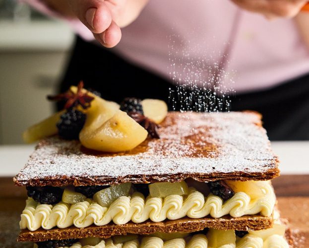 Spiced poached pear and blackberry millefeuille