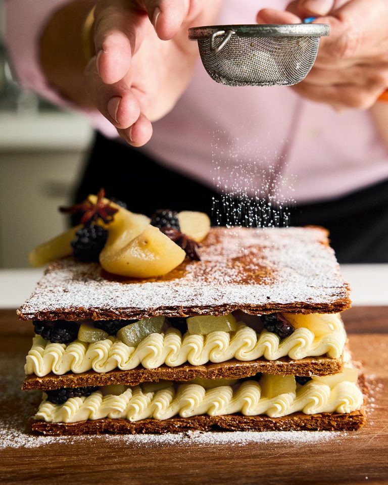 Spiced poached pear and blackberry millefeuille