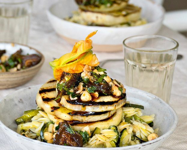 Courgette orzo with kohlrabi and pickled figs