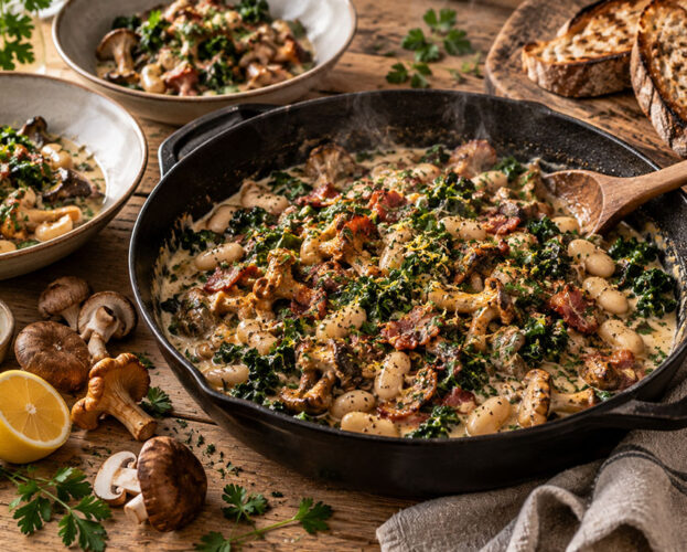 Cast-iron pan of wild mushroom and butter bean braise with kale, bacon and parsley, toasted sourdough alongside