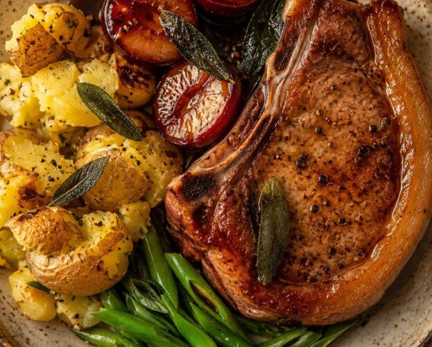 This pork chops with plums recipe makes a 35-minute September supper for 4: a sticky sage and plum pan sauce, crushed new potatoes and runner beans. Easy.