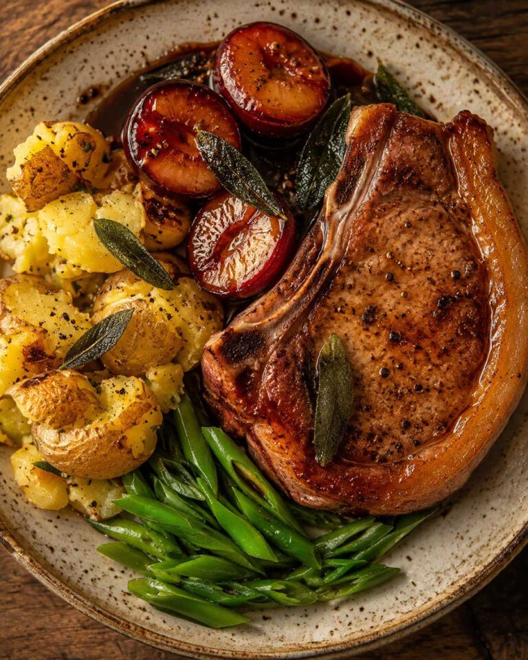 This pork chops with plums recipe makes a 35-minute September supper for 4: a sticky sage and plum pan sauce, crushed new potatoes and runner beans. Easy.