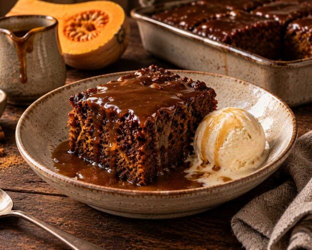 Square of butternut squash sticky toffee pudding with toffee sauce and vanilla ice cream in a bowl