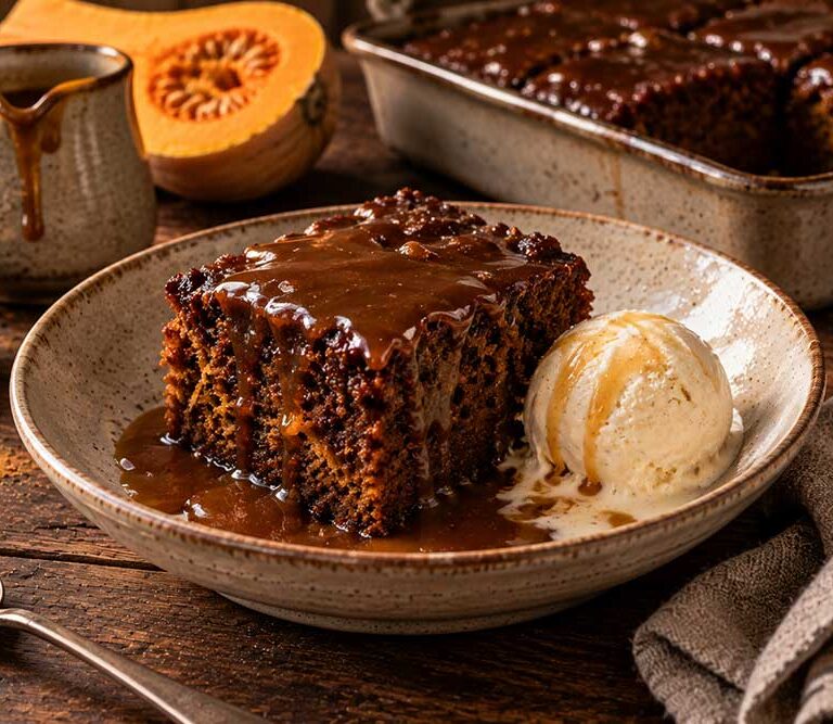 Square of butternut squash sticky toffee pudding with toffee sauce and vanilla ice cream in a bowl