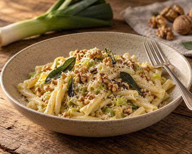 Casarecce with leeks, walnuts and mascarpone in a stoneware bowl, topped with crisp sage and toasted walnuts