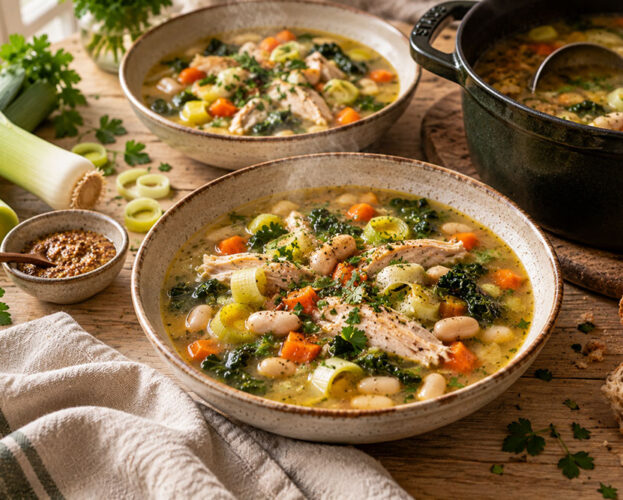 Bowl of chicken, leek and cider soup with butter beans, carrots and kale in a golden broth