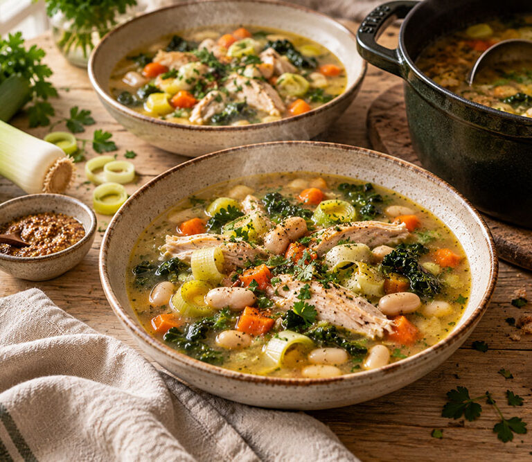 Bowl of chicken, leek and cider soup with butter beans, carrots and kale in a golden broth