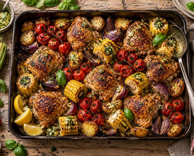 Chicken, sweetcorn and tomato traybake with crisp chicken thighs, roast corn rounds, new potatoes and melting basil butter