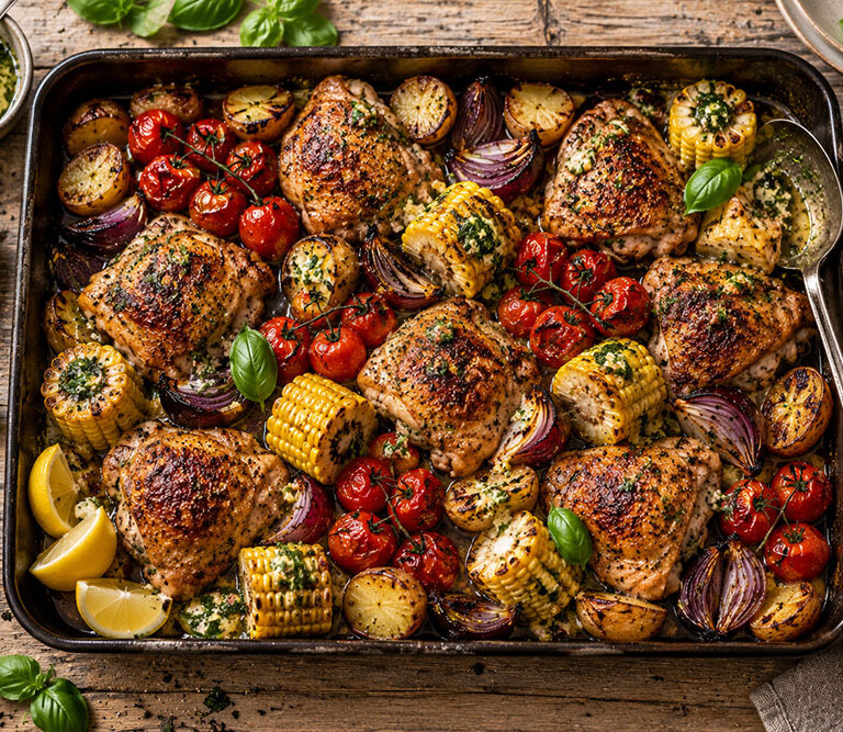 Chicken, sweetcorn and tomato traybake with crisp chicken thighs, roast corn rounds, new potatoes and melting basil butter