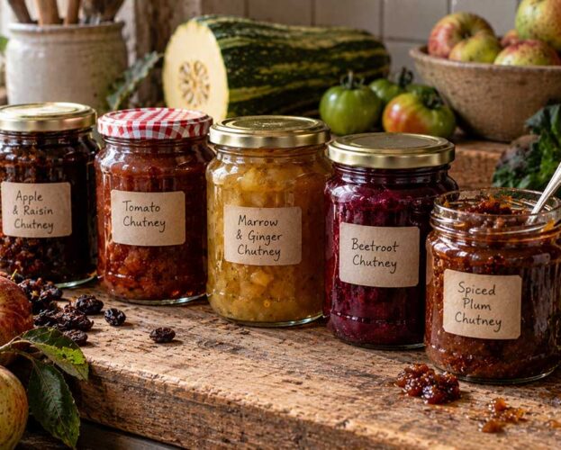 Four jars of homemade chutney in different colours beside a cut marrow and green tomatoes.