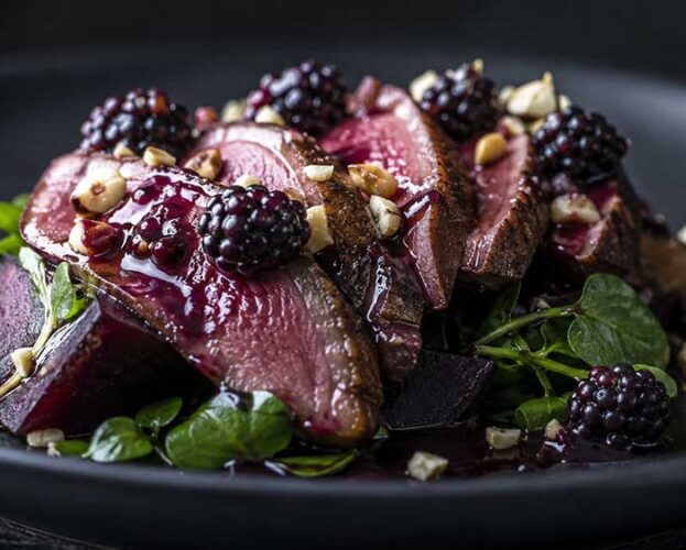 Sliced pink pigeon breast on roast beetroot and watercress with a blackberry sauce and toasted cobnuts