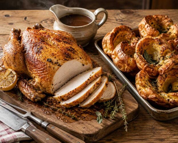Golden roast chicken on a carving board with a tin of risen sage and onion Yorkshire puddings and a jug of gravy