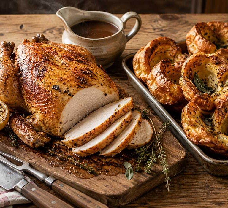 Golden roast chicken on a carving board with a tin of risen sage and onion Yorkshire puddings and a jug of gravy