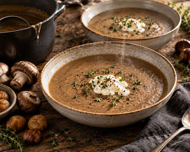 Bowl of smooth mushroom and chestnut soup topped with crème fraîche and thyme leaves on a wooden table