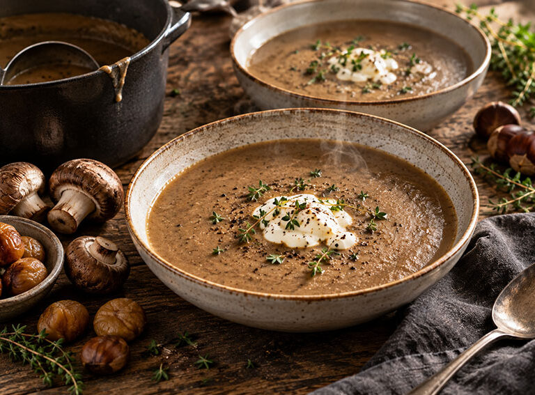 Bowl of smooth mushroom and chestnut soup topped with crème fraîche and thyme leaves on a wooden table