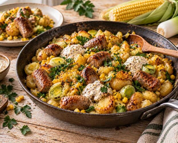 Frying pan of sausage hash with sweetcorn, leeks and crushed new potatoes, topped with crème fraîche and parsley
