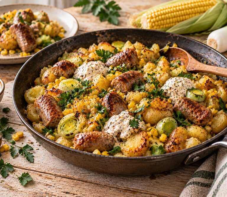 Frying pan of sausage hash with sweetcorn, leeks and crushed new potatoes, topped with crème fraîche and parsley