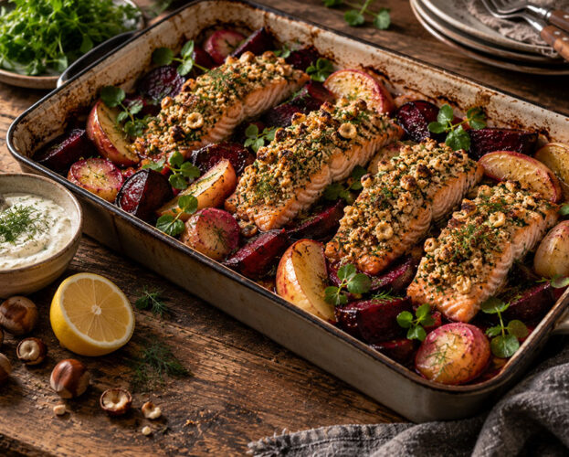 Cobnut-crusted salmon and beetroot traybake with potatoes, apple wedges, watercress and a bowl of horseradish cream