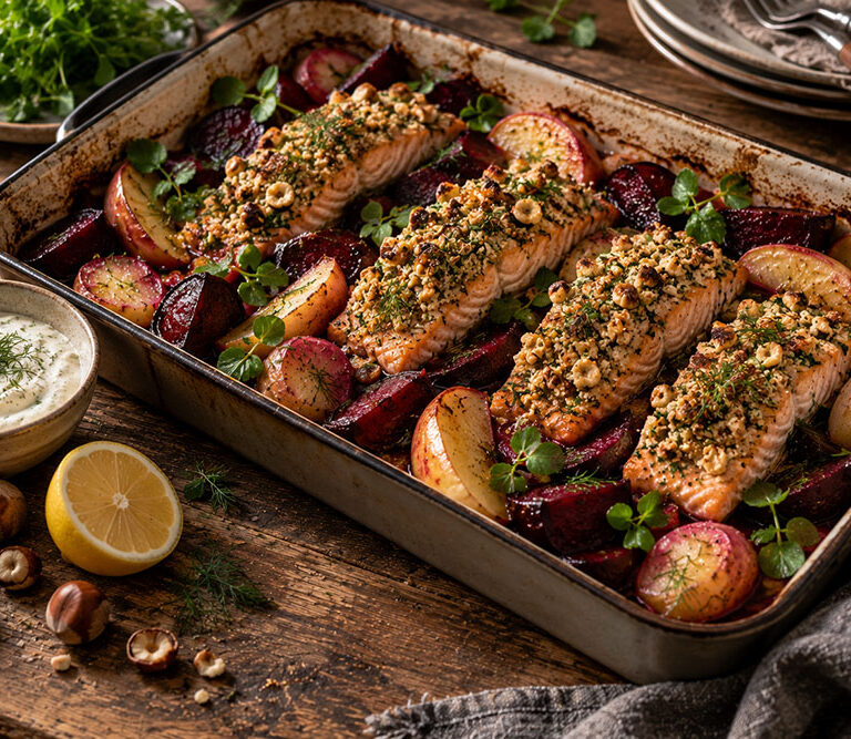 Cobnut-crusted salmon and beetroot traybake with potatoes, apple wedges, watercress and a bowl of horseradish cream