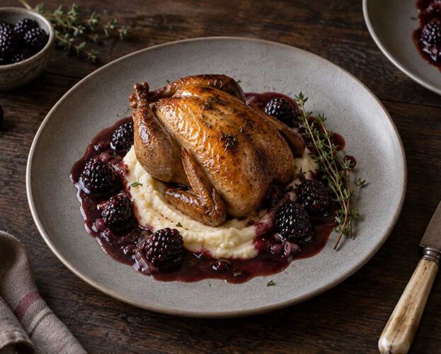 Roast partridge on celeriac mash with a glossy red wine and blackberry sauce and a sprig of thyme