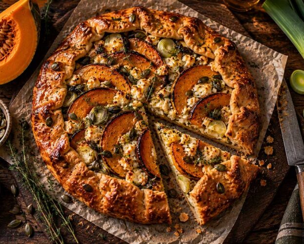 Rustic pumpkin, leek and Lancashire cheese galette on a board with one wedge cut