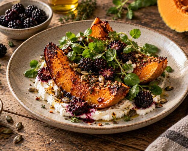 Roast pumpkin wedges on goat's cheese with pickled blackberries, watercress and toasted pumpkin seeds