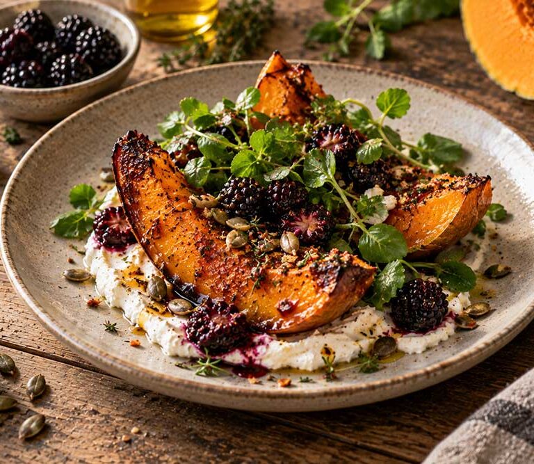 Roast pumpkin wedges on goat's cheese with pickled blackberries, watercress and toasted pumpkin seeds
