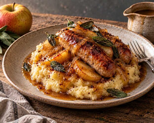 Sausage and mash with cider and apple gravy, roast apple wedges and crisp sage leaves on a stoneware plate