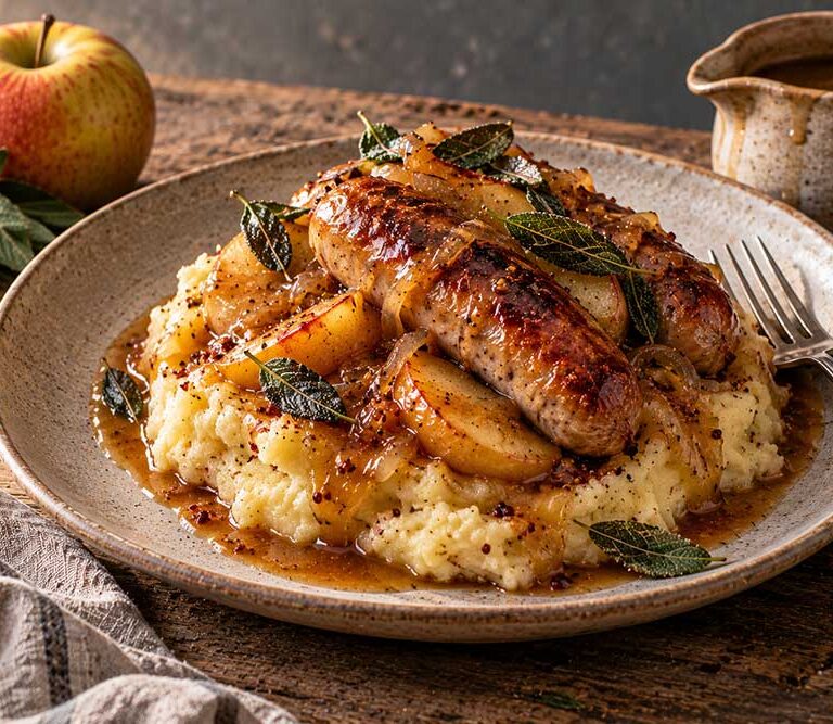 Sausage and mash with cider and apple gravy, roast apple wedges and crisp sage leaves on a stoneware plate