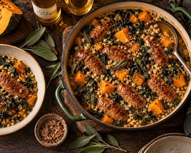 Casserole of browned sausages with pumpkin, pearl barley and kale, with a serving spoon and a bowl alongside