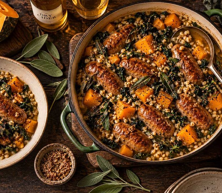 Casserole of browned sausages with pumpkin, pearl barley and kale, with a serving spoon and a bowl alongside