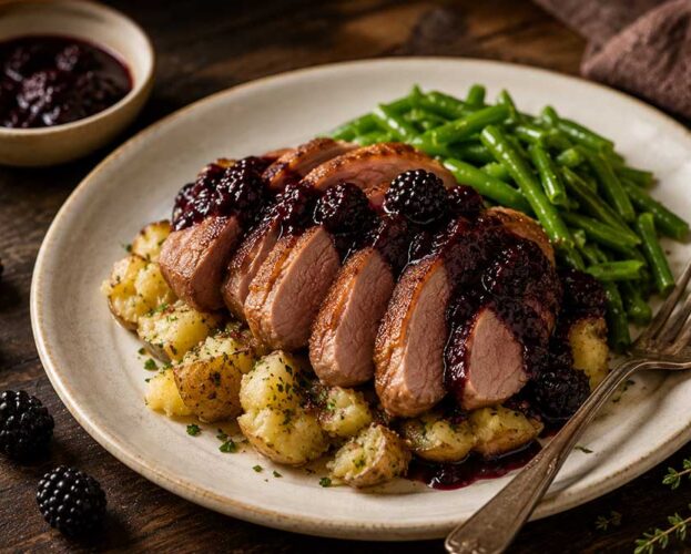 Sliced duck breast with glossy blackberry sauce on crushed new potatoes, with runner beans on the side