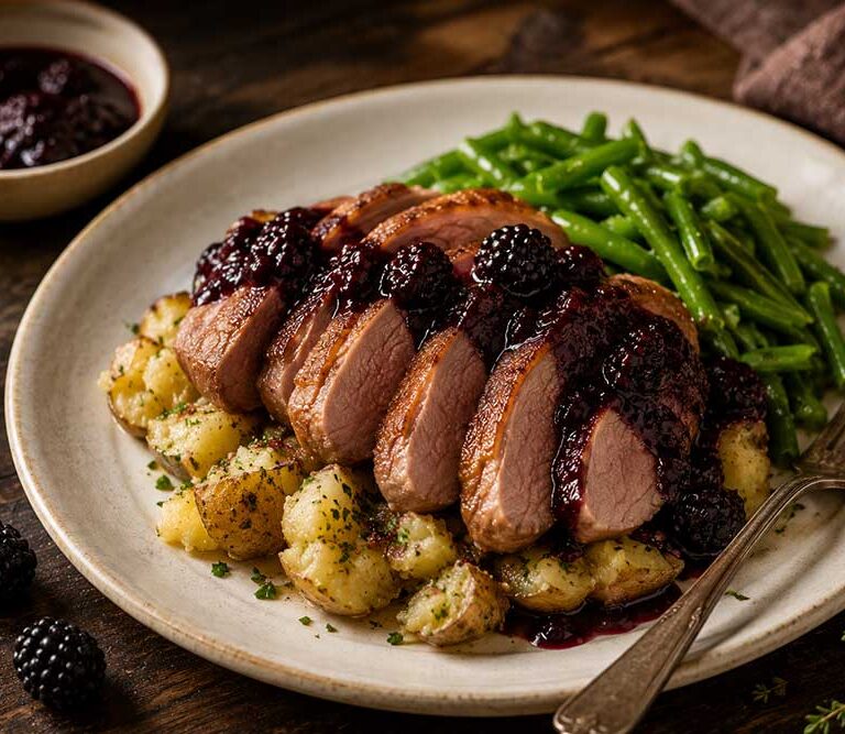 Sliced duck breast with glossy blackberry sauce on crushed new potatoes, with runner beans on the side